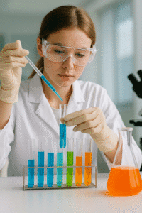 Kobieta w laboratorium chemicznym pracująca z probówkami – opakowania foliowe zabezpieczają płynne i półpłynne substancje chemiczne w procesach przemysłowych.