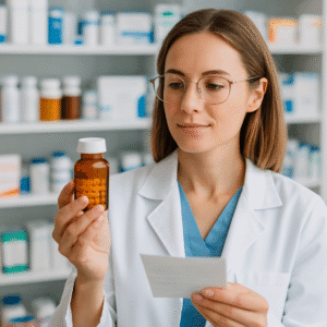 Kobieta w laboratorium farmaceutycznym trzymająca butelkę z tabletkami – opakowania foliowe wspierają bezpieczne przechowywanie płynów i półproduktów w przemyśle farmaceutycznym.