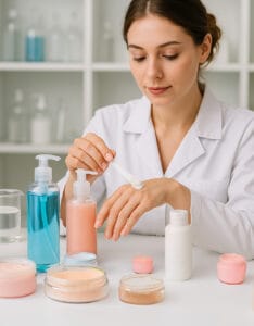 Osoba w fartuchu laboratoryjnym nakładająca krem – zastosowanie folii w aseptycznych opakowaniach dla płynnych i kremowych produktów kosmetycznych.